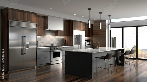 3D rendering of modern kitchen with sleek cabinets and island counter