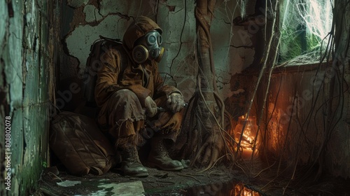 ultra realistic photo of a man in old dirty clothes and a gas mask behind an old backpack, sitting in a room against a fire