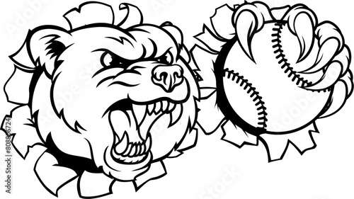 A grizzly bear softball or baseball animal mascot holding a ball in his claw
