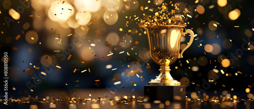 Champion golden trophy cup, goblet, bowl with sparkling lights, confetti, splashes, lights. Winning, congratulation background. Awards. Generative ai