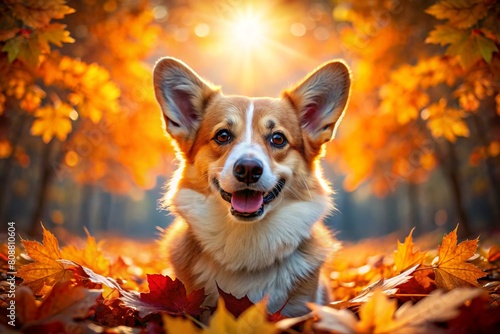 Portrait of a cute joyful Welsh Corgi dog in autumn against the background of autumn leaves. A banner with a picture of a pet dog.