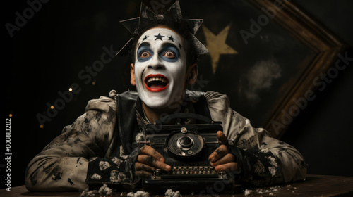 Mime Actor in Dramatic Makeup Performing with Vintage Telephone in Theatrical Setting
