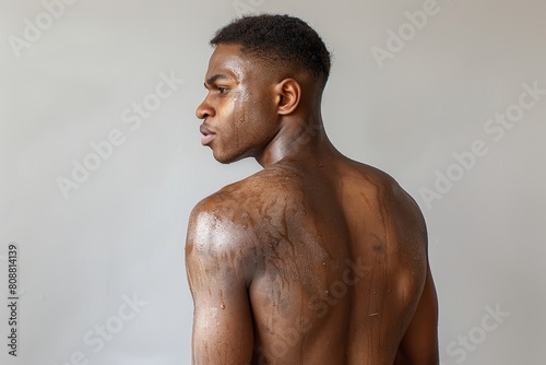 black man with bare back on grey background, sweat running down face and naked back