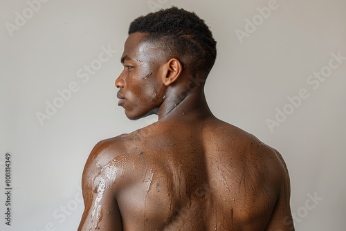 black man with bare back on grey background, sweat running down face and naked back, authentic