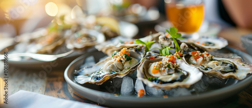 Close-up of gourmet oysters garnished with herbs and spices, served on a rustic table setting.