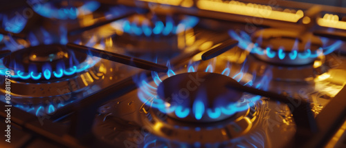Intimate close-up of burning gas hob, illustrating domestic energy in action.