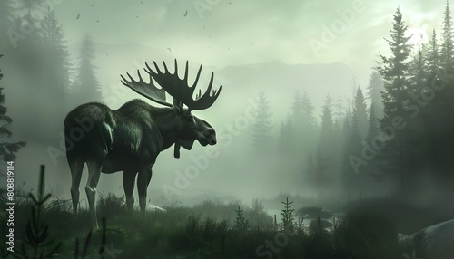 Majestic Moose in a Misty Forest