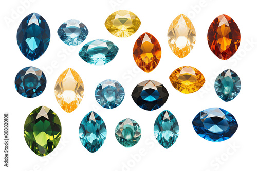 Colorful gemstones of different cuts and colors on a white background.