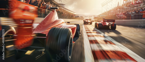 High-speed racing cars blur by with roaring engines on a vibrant racetrack.