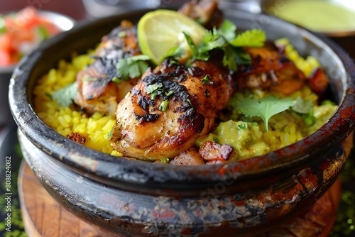 Close-Up of a Bowl of Peruvian Arroz Con Pollo on a Table