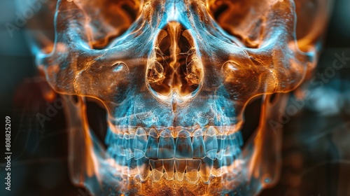 Detailed x-ray of a human skull, highlighting the bone structure and used in medical and forensic studies.