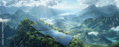 Scenic image of solar panels installed over a mountain ridge, blending technology with natural landscapes, ecofriendly power generation
