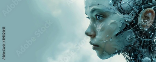 Visual depiction of a hybrid being, part human, part robotic, on a simple backdrop, exploring themes of technology integration and future evolution