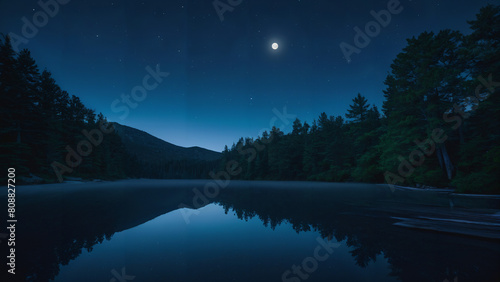  full moon that is shining over a lake, new hampshire mountain, is at dawn and bluish, in a forest