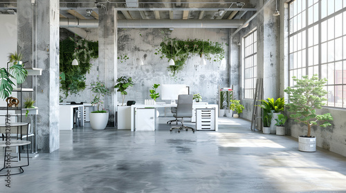 A spacious open-plan office with white desks and chairs, high ceilings in the background, concrete walls and floor, modern furniture, green plants on desk