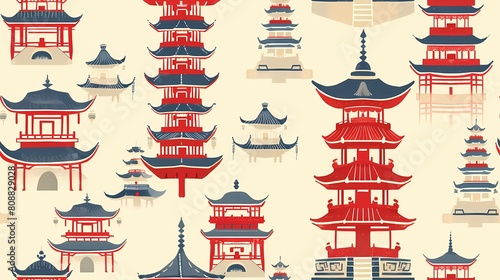 A pattern of traditional Asian pagodas in a harmonious design