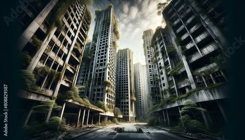 the images of an abandoned cityscape 100 years in the future. Each image shows tall buildings overtaken by nature, capturing an eerie yet serene atmosphere. 
