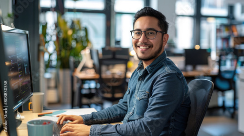 Happy and successful young latino male software engineer working at desk with computer looking front and smiling against modern office background 