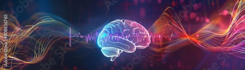 Neuroscientists link music to memory enhancement, a harmonious blend of art and brain science HUD icon of a brainwave in synth wave color, Sharpen Cinematic Look