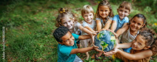 Unity in Diversity: Smiling Children Holding a Globe Together in Harmony and Friendship
