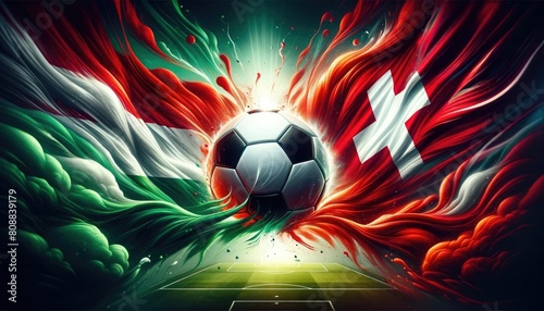 Hungary vs Switzerland football match, country flags and soccer ball on the stadium, UEFA Euro 2024, European Football Championship 2024, matchday 1, group stage 1