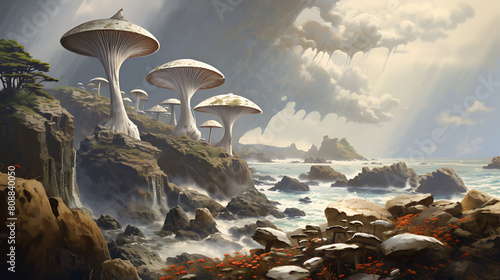 Agaricus mushrooms in a scenic coastal scene, with waves crashing against rugged rocks and seagulls flying overhead.
