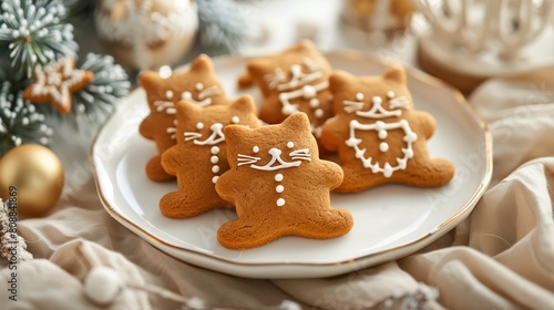 Homemade festive delicious gingerbread cookies in the shape of cats with white icing on white plate