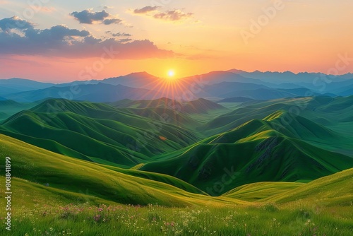 View of the green mountains and hills at sunset Gumbashi Pass in North Caucasus, Russia Beautiful summer landscape