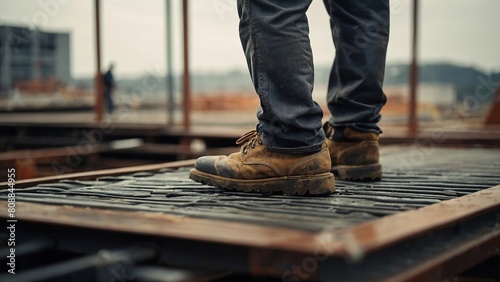 Worker's foot construction site, men's work boots, labor day concept.