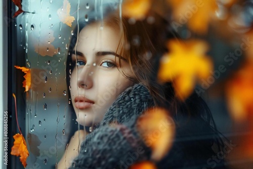 Young Caucasian Woman Gazing at Autumn Leaves Through Rainy Window Glass