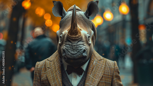 Suave rhinoceros saunters through city streets in tailored splendor, epitomizing street style.