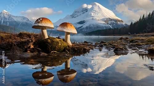 Agaricus mushrooms on the banks of a serene alpine lake with snow-capped mountains reflected in the still water.