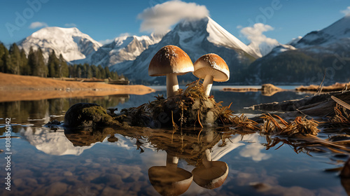 Agaricus mushrooms on the banks of a serene alpine lake with snow-capped mountains reflected in the still water.