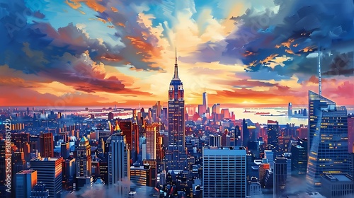 New York City. Manhattan downtown skyline with illuminated Empire State Building and skyscrapers at sunset