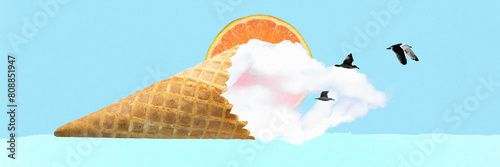 Banner. Contemporary art collage. Waffle cone with clouds and orange slice and flying seagulls against blue backdrop. Concept of summertime, holidays, vacation, party, fashion and style. Ad