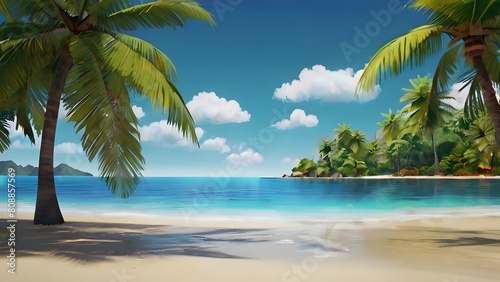 Sea view background. Ocean and palm trees seaside blue design. Tropical summer theme