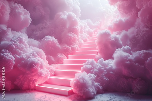 A dreamlike scene featuring a stairway ascending through fluffy clouds, illuminated by a surreal pink neon glow, evoking a sense of wonder and ascent