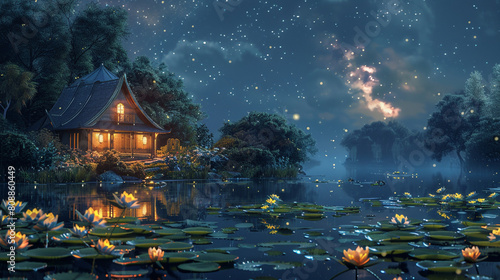 A frog opera house nestled among lily pads, where amphibian tenors serenade under moonlit skies. 