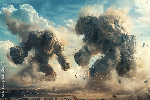 Illustrate an Epic battle between colossal golems on a barren landscape, each striking with earth-shattering force, surrounded by a storm of dust and debris