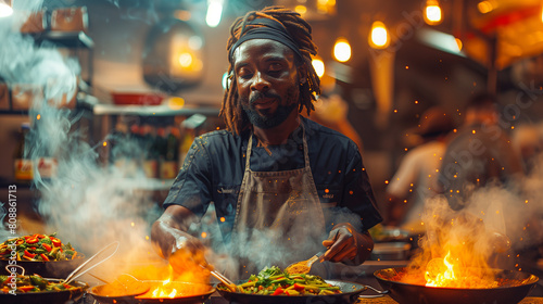 A man is preparing cuisine in a city kitchen using gas heat