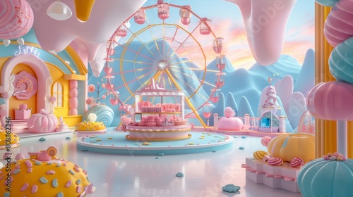 Enchanting candy-themed amusement park with vibrant colors and whimsical designs under a dreamy sky