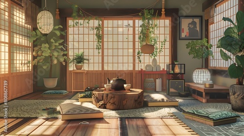 Craft a Japanese-inspired tea room with tatami mats, shoji screens, and a traditional tea ceremony set.