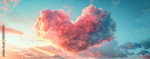 Beautiful Fluffy Clouds the Shape of a Love Heart. Romantic Valentineâ€™s Day Background with Pink Sky.