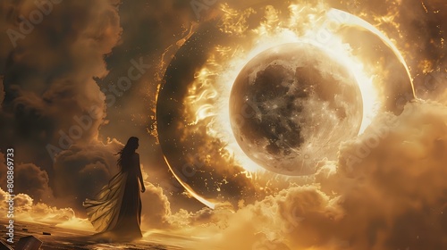 Singular minimalist hell priestess, waning moon, golden ratio event horizon.