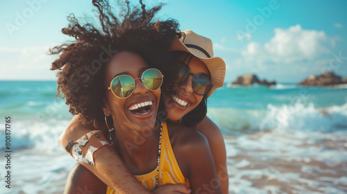 LGBTQ, gay and lesbian black women enjoying a piggyback ride and fun at beach in summer. Friends, dating and trust with female and her girlfriend on holiday, vacation or travel by the coast Stock Phot