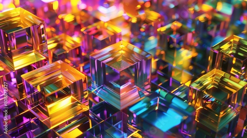 Vibrant multicolored transparent glass cubes and prism light reflection in a 3D rendering. High-resolution digital art. Abstract concept. Design for poster, wallpaper, and digital background.