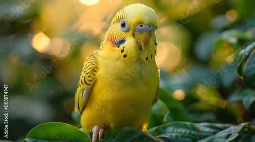 As he stares straight into the camera, the young parakeet stands up on the branch