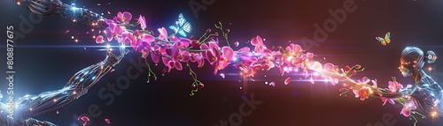 Craft a side view of a sleek, silver robotic ballerina pirouetting amidst neon orchids and hovering holographic butterflies, combining photorealistic details with a sci-fi touch