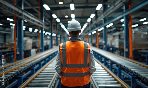 worker wearing an orange safety vest and white beanie is seen from behind, walking through the interior of a large warehouse with high shelves filled with boxes and pallets