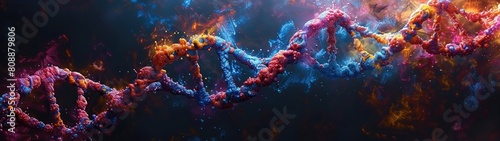 DNA structure illustrated with a combination of vibrant and dark colors, emphasizing its complexity in a visually striking manner